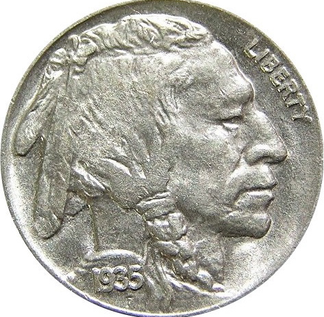 1935 Buffalo (Indian Head) nickel obverse showing the portrait, date, and “LIBERTY” inscription that collectors examine when grading