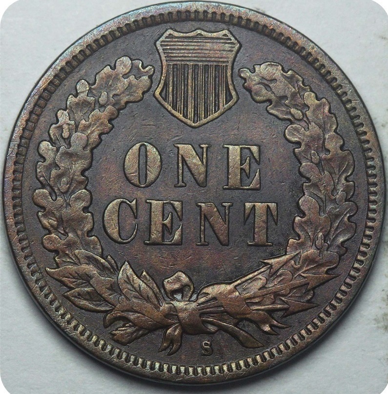 Reverse of a 1909-S Indian Head cent showing the S mint mark below the wreath — only the 1908-S and 1909-S carry mint marks, making the S mint mark position a critical identification point for these key date coins