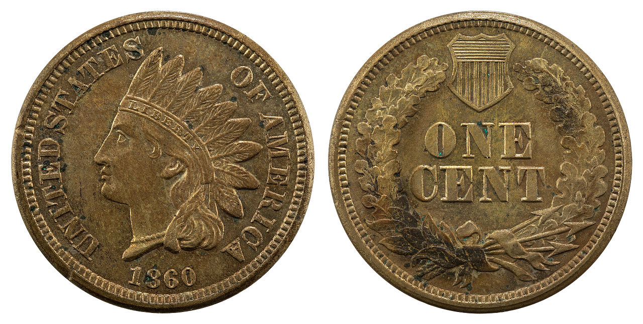 Obverse and reverse of an 1860 Indian Head cent from the National Numismatic Collection, Smithsonian — the obverse shows Liberty wearing a feathered headdress and the reverse features an oak wreath with shield enclosing ONE CENT