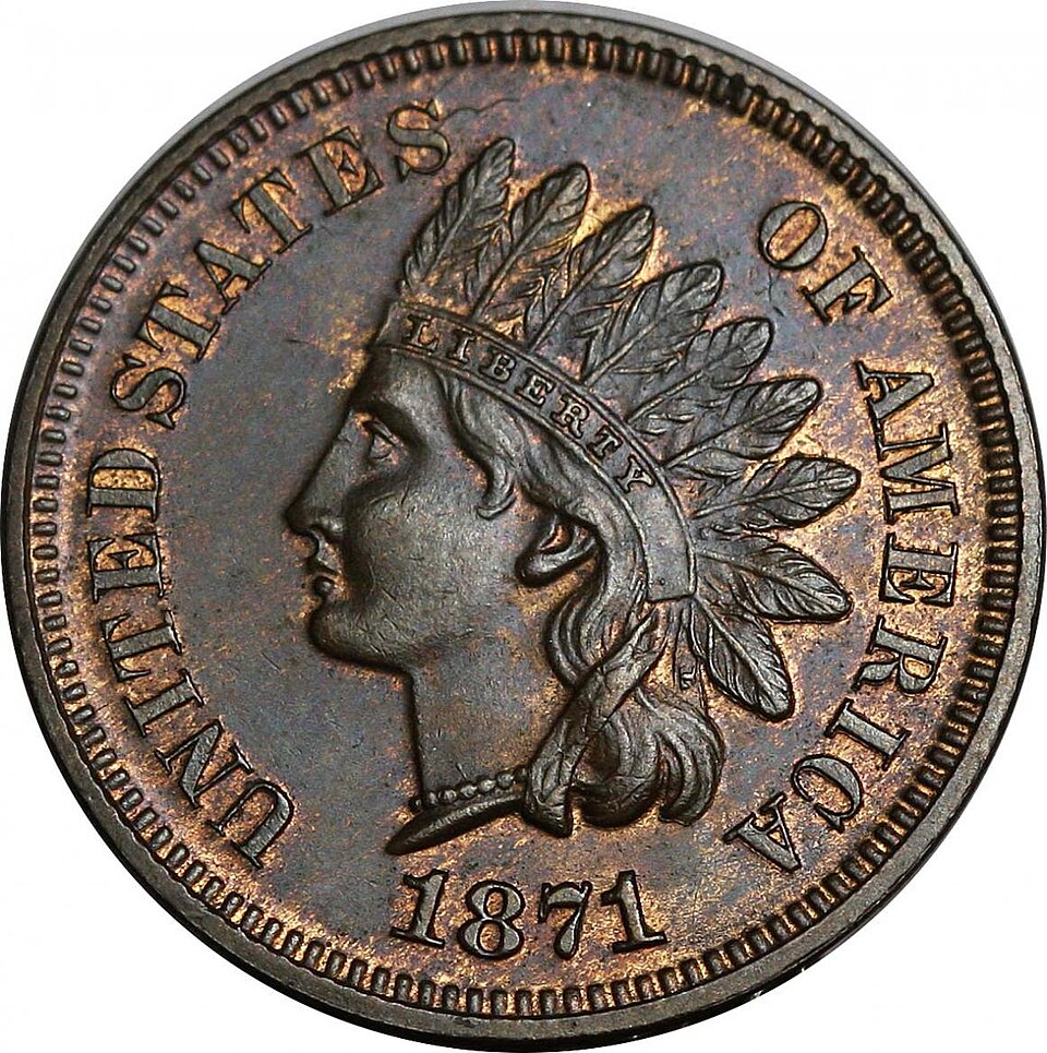 Obverse of an 1871 proof Indian Head cent showing exceptional detail — the feather tips, LIBERTY inscription on the headband, and hair curls are the key grading focal points collectors examine when evaluating Indian Head pennies