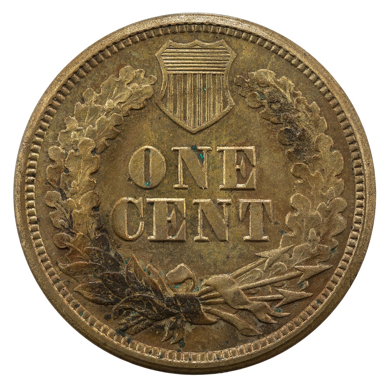 Reverse of an 1860 Indian Head cent showing the oak wreath with shield design used from 1860 through 1909 — the wreath detail and shield lines are key reverse grading points, and the mint mark location (below wreath) is where you find the S on 1908-S and 1909-S issues