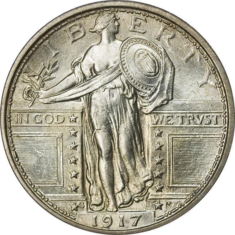 Type 1 Standing Liberty Quarter obverse (1917-S) showing the original design with Liberty holding a shield and olive branch — note the mint mark above the date