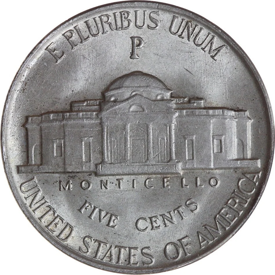 1945-P war nickel reverse showing Monticello with the distinctive large "P" mint mark above the dome that identifies all silver war nickels