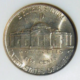 War nickel reverse close-up showing the large mint mark above Monticello — the key identifying feature of all 35% silver wartime Jefferson nickels