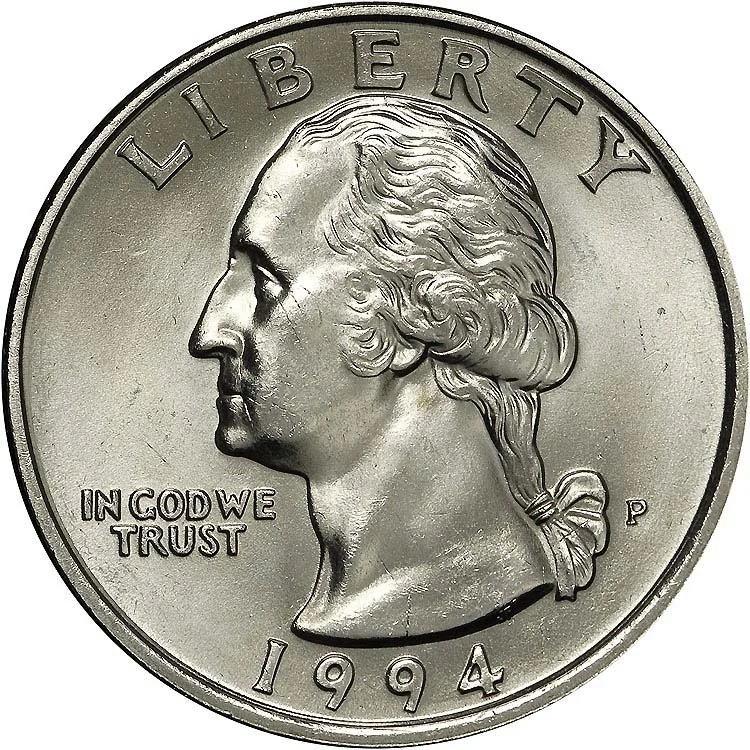 1994-P Washington Quarter obverse showing the later clad-era design with "P" mint mark visible behind Washington's ponytail